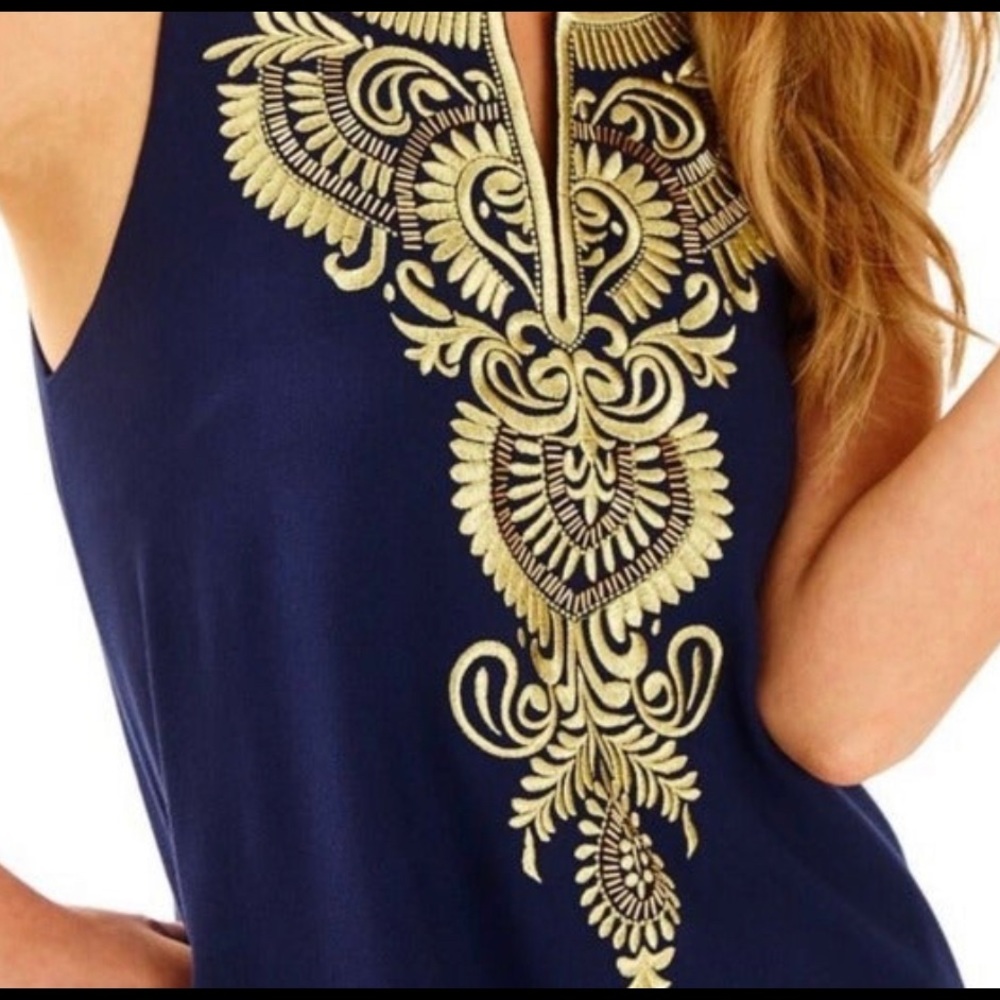Lilly Pulitzer Aubra Embroidered Shift Dress Navy with gold embroidery size M